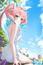 &gt;_&lt; 3girls :o absurdres aqua_eyes aqua_hair black_tiara blue_sky breasts castorice_(honkai:_star_rail) commentary grey_hair highres honkai:_star_rail honkai_(series) hyacine_(honkai:_star_rail) kuro_(rudyan0128) little_ica_(honkai:_star_rail) long_hair looking_at_viewer medium_hair multicolored_hair multiple_girls naked_towel onsen outdoors pegasus pink_hair purple_hair sitting sky small_breasts splashing stelle_(honkai:_star_rail) tiara towel trailblazer_(honkai:_star_rail) twintails two-tone_hair