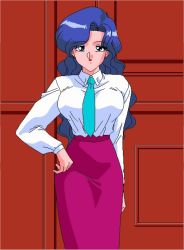 1990s_(style) 1girl aliasing animahjong animahjong_v3 blue_eyes blue_hair earrings eyeshadow female_focus indoors jewelry lipstick long_hair looking_at_viewer makeup matching_hair/eyes nakajima_atsuko necktie retro_artstyle sogna solo viper_(series) yumika_(animahjong)