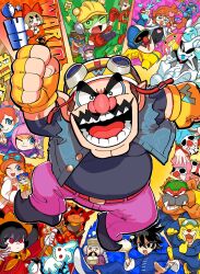 13-amp 18-volt 5-volt 9-volt absurdres ana_(warioware) ashley_(warioware) big_nose blue_vest bow dancho_no_mori dr._crygor dribble_(warioware) everyone facial_hair fingerless_gloves food fronk gloves hair_bow helmet highres jimmy_t kat_(warioware) lulu_(warioware) master_mantis mike_(warioware) mona_(warioware) mustache nintendo open_clothes open_mouth open_vest orbulon pants penny_crygor pink_pants pointy_footwear red_(warioware) round_eyewear spitz steamed_bun stuffed_animal stuffed_rabbit stuffed_toy sunglasses vest wario warioware yellow_gloves young_cricket