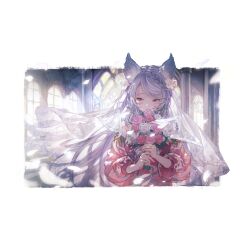 1girl animal_ears bare_shoulders bouquet braid bridal_veil church dress earrings erune flower fraux fraux_(formal)_(granblue_fantasy) granblue_fantasy grey_hair jewelry looking_at_viewer minaba_hideo official_art petals red_dress red_eyes smile solo upper_body veil