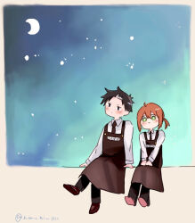 1boy 1girl apron black_apron black_eyes black_hair black_necktie brown_hair collared_shirt crescent_moon doug_(youchien_wars) green_eyes long_sleeves mole mole_under_eye moon name_tag necktie night night_sky non_ni_1111 ponytail rita_(youchien_wars) shirt sky star_(sky) triangle_mouth twitter_username white_shirt youchien_wars