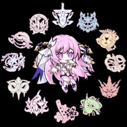 1girl black_background black_shorts boots chibi chibi_only commentary corset diamond-shaped_pupils diamond_(shape) elysia_(herrscher_of_human:_ego)_(honkai_impact) elysia_(honkai_impact) gloves highres honkai_(series) honkai_impact_3rd long_hair pink_hair purple_eyes saewon shorts signet_of_bodhi signet_of_daybreak signet_of_decimation signet_of_deliverance signet_of_discipline signet_of_ego signet_of_gold signet_of_helix signet_of_infinity signet_of_reverie signet_of_setsuna signet_of_stars signet_of_vicissitude solo symbol-only_commentary symbol-shaped_pupils veil very_long_hair white_boots white_corset white_gloves white_veil