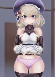 1girl absurdres azur_lane beret bike_shorts bike_shorts_pull blonde_hair bow clothes_lift clothes_pull cowboy_shot cross detached_sleeves eesuke_(shin1athke) gloves hat highres iron_cross lifting_own_clothes looking_at_viewer medium_hair navel panties pelvic_curtain pelvic_curtain_lift shorts shorts_pull solo striped_bow thigh_gap underwear white_gloves z23_(azur_lane)