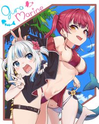 Rule 34 | 2girls, arrow through heart, bikini, bikini bottom pull, bikini under clothes, blue eyes, blue hair, blue nails, blue sky, earrings, fins, fish tail, flower, gawr gura, gold necklace, hair flower, hair ornament, heart, heart earrings, heart necklace, heterochromia, highres, hololive, hololive english, houshou marine, houshou marine (summer), jewelry, multicolored hair, multiple girls, necklace, o-ring, o-ring thigh strap, open mouth, palm tree, red bikini, red eyes, red hair, saikyo salmon, shark girl, shark tail, sharp teeth, shinkiro (hololive), sky, smile, streaked hair, striped bikini, striped clothes, swimsuit, tail, teeth, thigh strap, tree, twintails, v, virtual youtuber, white bikini, yellow eyes