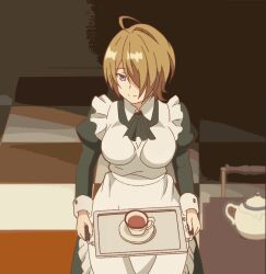 ahoge angle_0 breasts brown_hair hair_over_one_eye highres kaifuku_jutsushi_no_yarinaoshi_~sokushi_mahou_to_skill_copy_no_chouetsu_heal~ large_breasts maid maid_(kaiyari) non_porn smile tagme
