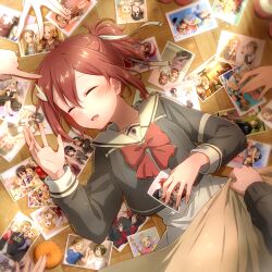 1girl closed_eyes eda_udon from_above grey_shirt hair_ribbon highres long_sleeves lying medium_hair on_back open_mouth photo_(object) ponytail red_hair ribbon sailor_collar sailor_shirt shirt short_ponytail skirt sleeping solo_focus under_covers white_ribbon white_sailor_collar white_skirt yuuki_yuuna yuuki_yuuna_wa_yuusha_de_aru yuusha_de_aru
