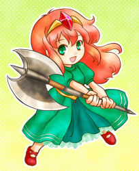 Rule 34 | 1girl, axe, double bladed axe, dress, female focus, final fantasy, final fantasy mystic quest, full body, gradient background, green eyes, karen (ffmq), long hair, orange hair, sean (sevenchances), sevenchances, solo, tiara, weapon