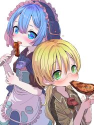 1boy 1girl absurdres apron blonde_hair blue_bow blue_bowtie blue_capelet blue_corset blue_eyes blue_hair bow bowtie brown_jacket capelet corset dress food fork frilled_apron frills glasses green_eyes highres holding holding_fork jacket light_blush looking_at_viewer low_twintails made_in_abyss maid maid_apron maid_headdress maruruk open_mouth riko_(made_in_abyss) sekaineko_001 semi-rimless_eyewear short_hair simple_background smile steak trap twintails whistle whistle_around_neck white_apron white_background