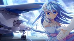 1girl aircraft airplane applique_(company) asami_asami azurite blue_eyes blue_hair game_cg jet long_hair re:birth_colony