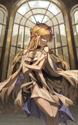 1girl absurdres bare_shoulders black_dress blonde_hair breasts cartethyia_(wuthering_waves) closed_eyes commentary cowboy_shot crown_of_thorns doki_illus dress earrings highres jewelry long_hair medium_breasts necklace parted_bangs parted_lips pointy_ears smile solo tabard tacet_mark_(wuthering_waves) thighs very_long_hair white_tabard wuthering_waves