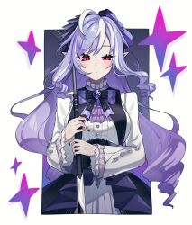 1girl ahoge black_bow black_nails bow breasts center_frills commentary_request fingernails frills half-closed_eye highres holding holding_umbrella long_hair long_sleeves looking_at_viewer mole mole_under_eye pointy_ears purple_bow purple_hair red_eyes ringlets sharp_fingernails sidelocks simple_background solo takeyukiwa_tikuwa umbrella upper_body vivian_(zenless_zone_zero) zenless_zone_zero