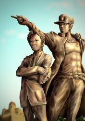 Rule 34 | 2boys, absurdres, araki hirohiko (person), bronze, chain, collared shirt, commentary, commentary request, gakuran, hat, high collar, highres, holding, holding mask, jacket, jojo no kimyou na bouken, jojo pose, kaib0y, kepi, kujo jotaro&#039;s pose (jojo), kuujou joutarou, long sleeves, male focus, mask, military hat, multiple boys, pointing, pointing to the side, real life, school uniform, shirt, short hair, stardust crusaders, statue, stone mask (jojo), tuxedo