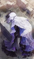 black_flower clothes_focus commentary dress dress_flower fate/grand_order fate_(series) flower grey_background lasengle long_dress no_humans official_art outdoors side_slit sleeveless sleeveless_dress still_life sunlight third-party_source unworn_dress white_dress