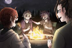 ... 4boys ahoge arm_tattoo banzoin_hakka beard_stubble black_hair black_shirt blue_eyes blue_hair blush burnt_food camping closed_eyes collarbone commentary ear_piercing english_commentary eyeshadow facial_hair full_moon gavis_bettel gradient_skin grey_hair hair_between_eyes hand_on_another&#039;s_shoulder heart heterochromia highres holostars holostars_english hood hoodie imminent_bite josuiji_shinri laughing long_hair looking_at_another machina_x_flayon makeup male_focus moon multicolored_hair multiple_boys night open_mouth outdoors piercing pink_eyes pink_eyeshadow pink_hair purple_hair rainycoffeebean red_hair roasted_marshmallow shirt short_hair smile stubble tattoo tree twitter_username upper_body virtual_youtuber white_hoodie
