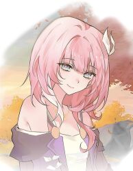1girl blue_eyes breasts coat cyrene_(honkai:_star_rail) dress hair_ornament hashtag-only_commentary honkai:_star_rail honkai_(series) kirimo looking_at_viewer medium_hair multicolored_hair outdoors pink_hair pink_pupils purple_coat small_breasts smile solo two-tone_hair upper_body white_dress white_hair