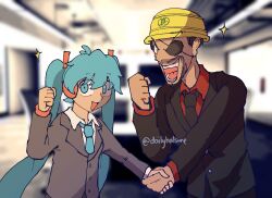 1boy 1girl aqua_eyes aqua_hair aqua_necktie black_jacket black_necktie blurry blurry_background clenched_hand collared_shirt eyepatch eyes_visible_through_hair facial_hair formal_clothes grey_jacket handshake hard_hat hatsune_miku headphones helmet highres jacket long_hair looking_at_viewer majima_goro necktie odakuram open_mouth raised_fist red_shirt ryuu_ga_gotoku_(series) ryuu_ga_gotoku_0 shirt sparkle suit teeth tongue twitter_username upper_body vocaloid white_shirt yakuza