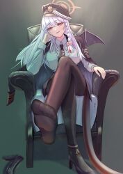 1girl absurdres armchair blue_archive chair cho_ss_1 crossed_legs demon_wings feet haruna_(blue_archive) hat highres light_blush long_hair looking_at_viewer military_hat pantyhose parted_lips red_eyes shoes sitting soles steam toes unworn_shoes white_hair wings