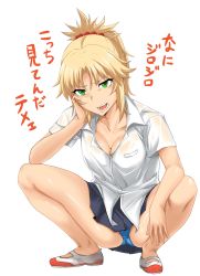 1girl absurdres araki_jeccy blonde_hair blue_panties blue_skirt breasts cleavage collarbone fate/apocrypha fate_(series) female_focus full_body green_eyes hair_ornament hair_scrunchie head_rest highres medium_breasts mordred_(fate) mordred_(fate/apocrypha) open_mouth panties pantyshot pleated_skirt ponytail scrunchie see-through_clothes shirt shoes short_sleeves simple_background skirt solo squatting translation_request underwear white_background white_shirt