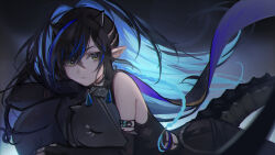 1girl arknights bare_shoulders black_hair black_horns blacknight_(arknights) blue_hair chinese_commentary closed_mouth colored_inner_hair commentary creature expressionless eyebrow_piercing hair_between_eyes highres horns infection_monitor_(arknights) long_hair looking_at_viewer mole mole_on_shoulder multicolored_hair piercing pointy_ears solo yellow_eyes yiyu_wusheng