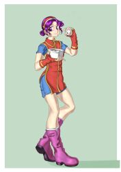 1girl asamiya_athena boots dress fingerless_gloves food gloves hair_bun hairband heel_up highres littlegold medium_hair pale_skin purple_eyes purple_hair shorts smile standing star_(symbol) the_king_of_fighters