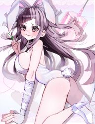 Rule 34 | 1girl, animal ears, bandaged arm, bandages, bare shoulders, black hair, blush, breasts, brown eyes, danganronpa (series), danganronpa 2: goodbye despair, fake animal ears, from side, hand up, high heels, highres, holding, holding syringe, large breasts, leotard, long hair, mole, mole under eye, playboy bunny, rabbit tail, shoes, sweat, syringe, tail, tsumiki mikan, white leotard, white shoes, yuyu (yuuyudayo1211)