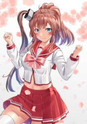 Rule 34 | 1girl, alternate costume, blue eyes, blush, brown hair, closed mouth, collarbone, cosplay, cowboy shot, high side ponytail, highres, itou shizuka, kantai collection, kousaka tamaki, kousaka tamaki (cosplay), long hair, long sleeves, mayura (lucadia), petals, pleated skirt, red sailor collar, red skirt, sailor collar, saratoga (kancolle), school uniform, serafuku, side ponytail, skirt, smile, solo, thighhighs, to heart (series), to heart 2, voice actor connection, white thighhighs