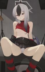 1girl absurdres alternate_costume belt black_belt black_hair black_horns black_skirt blue_archive breasts clothes_pull commentary demon_horns demon_wings gmi_(jimmyovob) grey_halo hair_between_eyes hair_ornament hairclip halo highres horns kayoko_(blue_archive) long_hair looking_at_viewer medium_breasts miniskirt multicolored_hair panties parted_lips pleated_skirt red_eyes shirt single_wing sitting skirt sleeveless sleeveless_shirt socks solo sweat two-tone_hair underboob underwear white_hair white_panties wings