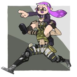 1boy 1girl :d apex_legends black_gloves black_jacket black_socks brown_eyes carrying collared_shirt colored_tongue crossover fingerless_gloves gloves goggles green_vest hair_ornament highres index_finger_raised inkling inkling_girl inkling_player_character jacket letter_hair_ornament long_hair long_sleeves mask mechanical_legs miniskirt mouth_mask name_omoitukan2 necktie nintendo octane_(apex_legends) open_clothes open_jacket open_mouth outstretched_arm piggyback pleated_skirt pointy_ears purple_hair purple_necktie purple_skirt purple_tongue running school_uniform shirt skirt smile socks splatoon_(series) tentacle_hair vest white_shirt