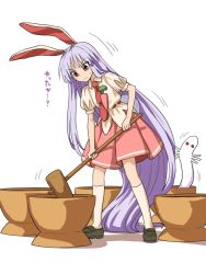 1girl :3 absurdly_long_hair animal_ears black_shoes closed_mouth full_body hattifattener highres holding holding_mallet itou_yuuji kine long_hair mallet miniskirt moomin mortar_(bowl) necktie pink_skirt puffy_short_sleeves puffy_sleeves purple_hair rabbit_ears red_eyes red_necktie reisen_udongein_inaba shirt shoes short_sleeves simple_background skirt socks solo standing sweatdrop touhou translation_request very_long_hair white_background white_shirt white_socks