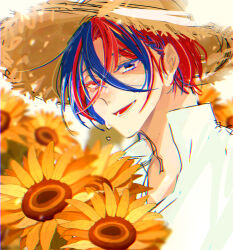 1boy male_alear_(fire_emblem) blue_eyes blue_hair crossed_bangs e8coofn0klibdx1 fire_emblem fire_emblem_engage flower hair_between_eyes heterochromia highres looking_at_viewer male_focus multicolored_hair nintendo red_eyes red_hair smile solo sunflower two-tone_hair