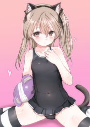 1girl animal_ears black_one-piece_swimsuit brown_eyes brown_hair cat_ears cat_girl cat_tail collarbone fake_animal_ears girls_und_panzer heart holding long_hair looking_at_viewer one-piece_swimsuit pink_background shimada_arisu shimada_fumikane shoes simple_background sitting solo striped_clothes striped_thighhighs stuffed_animal stuffed_toy sweat swimsuit tail teddy_bear thighhighs