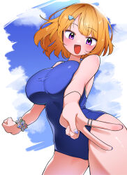 1girl :d absurdres bare_shoulders blue_nails blue_one-piece_swimsuit blush borrowed_character breasts cloud contrapposto cowboy_shot hair_ornament heart heart_hair_ornament hibikisan highres large_breasts looking_at_viewer medium_hair nail_polish one-piece_swimsuit open_mouth orange_hair purple_eyes school_swimsuit scrunchie sky smile solo swimsuit thighs vroid white_background wrist_scrunchie