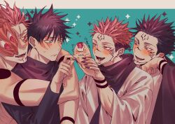 Rule 34 | 4boys, absurdres, azukiharuta ju, black hair, black nails, blush, brown hair, extra eyes, facial tattoo, fingernails, forehead tattoo, fushiguro megumi, highres, japanese clothes, jujutsu kaisen, jujutsu tech uniform, kimono, long sleeves, male focus, multiple boys, open mouth, ryoumen sukuna (jujutsu kaisen), ryoumen sukuna (true form) (jujutsu kaisen), scar, scar on face, sharp fingernails, short hair, smile, sparkle background, tattoo, teeth, translation request, two-tone background, undercut, white kimono, wrist tattoo, yaoi