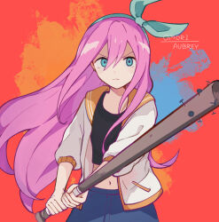 1girl absurdres aqua_eyes aqua_hairband aubrey_(faraway)_(omori) aubrey_(omori) baseball_bat black_shirt character_name closed_mouth commentary_request copyright_name denim denim_skirt frown hair_between_eyes hairband highres holding holding_baseball_bat jacket long_hair looking_at_viewer nail nail_(hardware) nail_bat navel omori open_clothes open_jacket orange_sailor_collar pink_hair red_background sailor_collar shirt skirt solo toukashi_(2tou9) v-shaped_eyebrows white_jacket