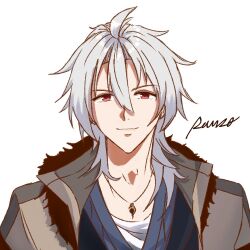 1boy blue_shirt brown_coat closed_mouth coat commentary_request crow_armbrust eiyuu_densetsu fur-trimmed_coat fur_trim grey_hair hair_between_eyes jewelry long_hair looking_at_viewer male_focus necklace oxygen00 red_eyes sen_no_kiseki sen_no_kiseki_(series) sen_no_kiseki_i sen_no_kiseki_iv shirt simple_background smile solo upper_body white_background white_shirt