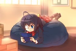 10s 1girl bean_bag bean_bag_chair black_hair blue_eyes chuunibyou_demo_koi_ga_shitai! eyepatch handheld_game_console lying nintendo_ds on_stomach orz_(orz57) playing_games school_uniform short_hair side_ponytail takanashi_rikka thighhighs