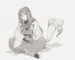 1boy :3 aged_down ainu_clothes aquaplus black_eyes cloak crossed_legs gauntlets greyscale haru_(monochrome_mobius) head_tilt holding holding_tail long_hair long_sleeves mole mole_under_eye monochrome monochrome_mobius parted_bangs pointy_ears ponytail rabbit rabbit_ears robot scarf sidelocks tail ukon_(utawarerumono) utawarerumono utawarerumono:_itsuwari_no_kamen wavy_mouth wide_sleeves xyataka