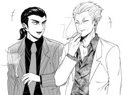 Rule 34 | +++, 2boys, cigarette, closed eyes, collared shirt, commentary request, gin to kin, greyscale, hair slicked back, highres, hirai ginji, holding, holding cigarette, jacket, looking at another, looking to the side, low ponytail, male focus, monochrome, morita tetsuo, multiple boys, niwatori panda, old, old man, open clothes, open jacket, open mouth, ponytail, shirt, short hair, simple background, smile, smoke, smoking, striped clothes, striped jacket, upper body, vertical-striped clothes, vertical-striped jacket