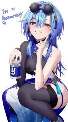 Rule 34 | 1girl, absurdres, aogiri koukou, black thighhighs, blue hair, blue nails, blush, breasts, eyewear on head, grey eyes, grin, hair between eyes, harusame urame, heterochromia, highres, holding, index finger raised, large breasts, long hair, looking at viewer, mole, mole under eye, pink eyes, seele0907, simple background, single sleeve, smile, solo, squatting, thighhighs, virtual youtuber, white background