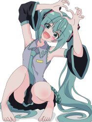 Rule 34 | 1girl, anime coloring, aqua eyes, aqua hair, arms up, bare legs, bare shoulders, barefoot, black skirt, blush, collared shirt, convenient censoring, detached sleeves, excited, feet, full body, grey shirt, hair ornament, happy, hatsune miku, heart, heart hands, highres, legs, long hair, looking at viewer, miniskirt, on ground, open mouth, pleated skirt, shadow, shirt, sidelocks, simple background, sitting, skirt, sleeveless, sleeveless shirt, smile, solo, squatting, thighs, toes, twintails, unenemiko, very long hair, vocaloid, white background, wide sleeves