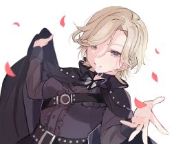 1girl :d black_cape black_choker black_ribbon black_shirt black_skirt blonde_hair breasts cape cape_hold choker commentary_request dutch_angle ear_piercing falling_petals frilled_shirt_collar frills grey_eyes grin hair_over_one_eye hands_up highres looking_at_viewer love_live! love_live!_nijigasaki_high_school_idol_club mia_taylor neck_ribbon notyu_maru open_hand open_mouth petals piercing ribbon shirt short_hair simple_background skirt small_breasts smile solo upper_body white_background