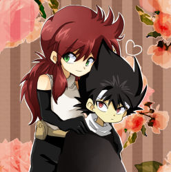 2boys belt_pouch black_hair desshii_(oimo) detached_sleeves green_eyes hiei kurama_(yu_yu_hakusho) long_hair male_focus multiple_boys oimo_(pixiv) pouch red_eyes red_hair short_hair smile yuu_yuu_hakusho