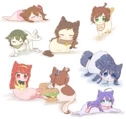 ahoge animal animal_collar animal_focus animalization bell bib black_hair blue_eyes blush brown_hair cat closed_eyes closed_mouth collar dot_mouth green_eyes green_hair hair_ornament hair_scrunchie hutaba idolmaster idolmaster_million_live! kasuga_mirai kinoshita_hinata kitazawa_shiho long_hair mochizuki_anna mogami_shizuka nagayoshi_subaru neck_bell no_humans pink_scrunchie purple_hair red_eyes red_hair scrunchie short_hair tanaka_kotoha white_background wide-eyed yokoyama_nao