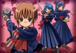 Rule 34 | 3girls, ahoge, bandaid, bandaid on face, bandaid on nose, blue hair, brown hair, delinquent, drumsticks, kazuki kiyoto, long skirt, multiple girls, origami, original, paper crane, ponytail, school uniform, serafuku, skirt, sukeban