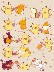 absurdres autumn_leaves blush brown_background brown_eyes charmander chimchar closed_eyes creatures_(company) cyndaquil fennekin fire food full_body game_freak gen_1_pokemon gen_2_pokemon gen_3_pokemon gen_4_pokemon gen_5_pokemon gen_6_pokemon gen_7_pokemon gen_8_pokemon highres holding kicking leaf litten nintendo no_humans open_mouth pikachu pokemon pokemon_(creature) roasted_sweet_potato scorbunny sitting sweet_potato temariame14 tepig torchic