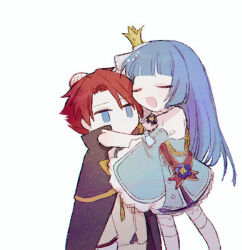 Rule 34 | 1boy, 1girl, aqua dress, bakara (19083210), black cape, blue eyes, blue hair, cape, closed eyes, commentary request, crown, deformed, dress, film grain, hug, jacket, long hair, long sleeves, mini crown, open mouth, piece (umineko), red hair, short hair, simple background, smile, sweat, thighhighs, u u, umineko no naku koro ni, ushiromiya battler, white background, white jacket, white thighhighs