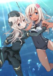 10s 2girls :d bare_shoulders black_dress black_legwear blonde_hair blue_eyes covered_navel crop_top cropped_jacket dress dual_persona flower garrison_cap gloves hair_flower hair_ornament hat headgear holding_hands kantai_collection long_hair looking_at_viewer military military_hat military_uniform multiple_girls nora-toro one-piece_swimsuit open_mouth pale_skin pantyhose puffy_sleeves ro-500_(kancolle) sailor_collar school_swimsuit skin_tight smile swimsuit swimsuit_under_clothes tan tanline u-511_(kancolle) underwater
