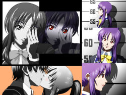 1boy 1girl blazer faceless faceless_male hetero ikkitousen ikkitousen_great_guardians kiss long_hair mugshot ookura_miyako parody ponytail profile purple_hair red_eyes school_uniform shopyun smile style_parody tokimeki_memorial tokimeki_memorial_4 yandere