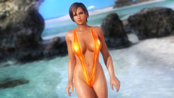 1girl 3d beach breasts dark-skinned_female dark_skin dead_or_alive dead_or_alive_5 dutch_angle female_focus highres large_breasts lisa_hamilton navel ocean official_art official_wallpaper outdoors short_hair sky solo swimsuit tecmo