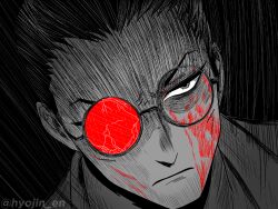 1boy angry artist_name black_background black_eyes black_hair blood blood_on_face broken broken_eyewear coat crack cracked_glass glasses gubo_(project_moon) hair_slicked_back highres hyojin_en limbus_company male_focus opaque_glasses partially_colored project_moon red-tinted_eyewear red_theme round_eyewear solo tinted_eyewear twitter_username